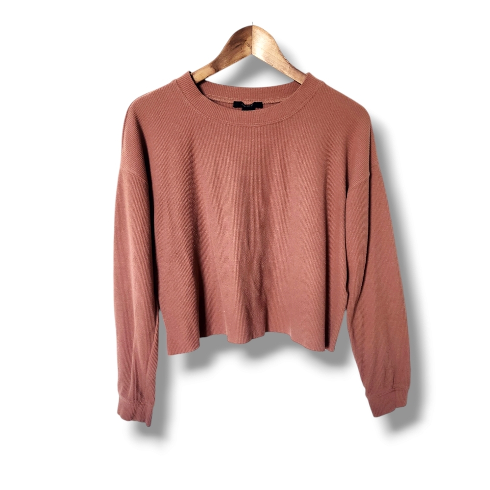 Forever 21 Dusty Orange Long Sleeve Cropped Waffle-Knit Sweater | L